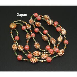 Vintage Japan Orange Gold Art Bead Necklace, Two Strands, 1950s